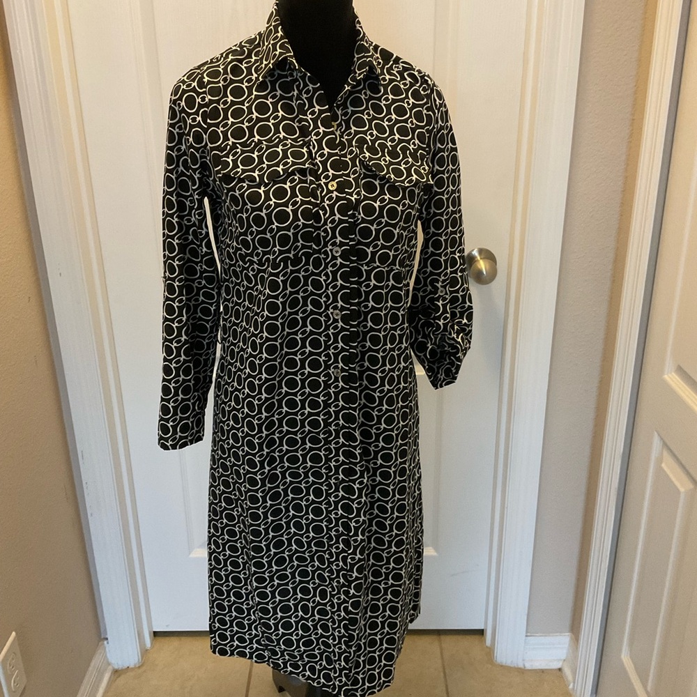 NY Collection Black and White Long Sleeve Shirt Dress
